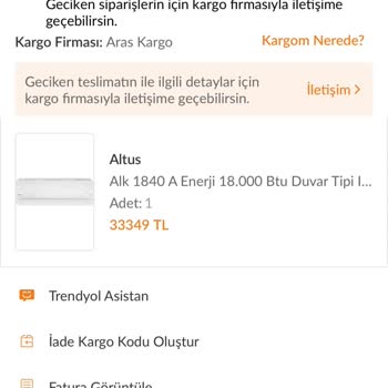 Aras Kargo Altus Klima Siparişim Eksik Geldi Satıcı Ve Kargo Çözüm Sunmuyor