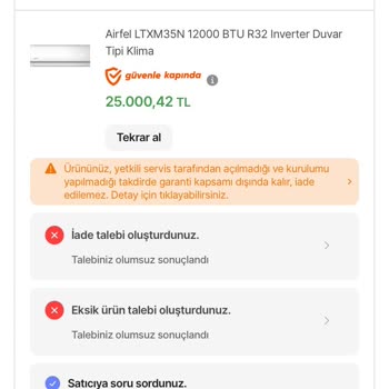Hepsiburada'dan Aldığım Klimanın İç Ünitesi Teslim Edilmedi, Sorun Çözülmüyor