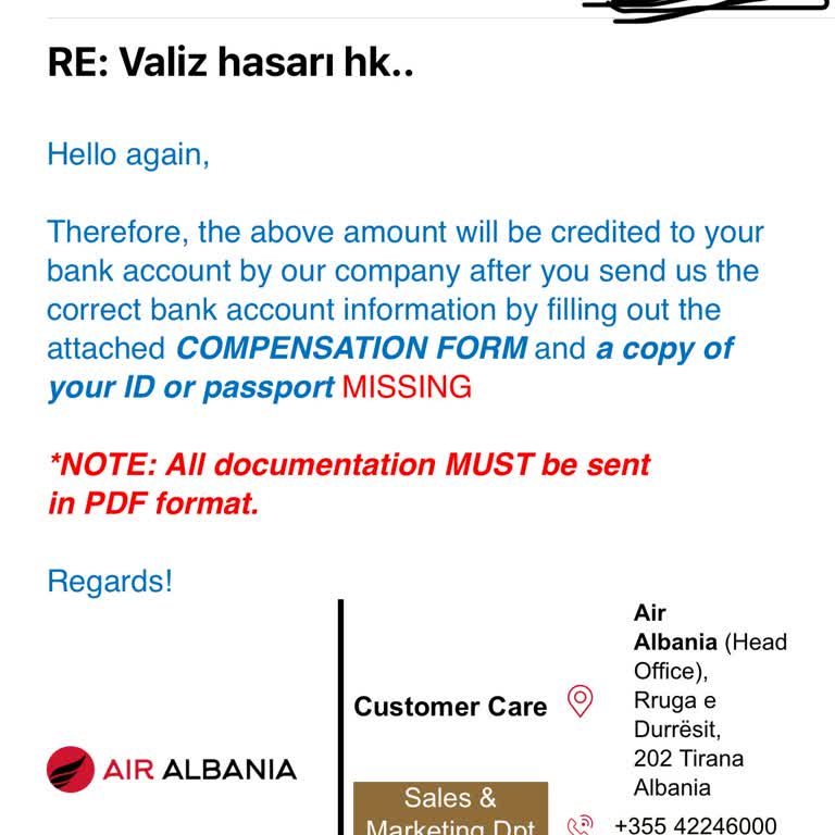 Air Albania erkennt Kofferschaden an zahlt aber seit einem Jahr keine Entschädigung