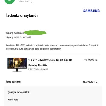 Sipariş Edilen Monitör Teslim Edilmeden İade Edildi, Mağduriyetim Giderilmiyor
