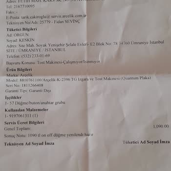 Arçelik Tost Makinesi Tamirinde Yüksek İşçilik Ücreti Ve Şeffaf Olmayan Faturalandırma