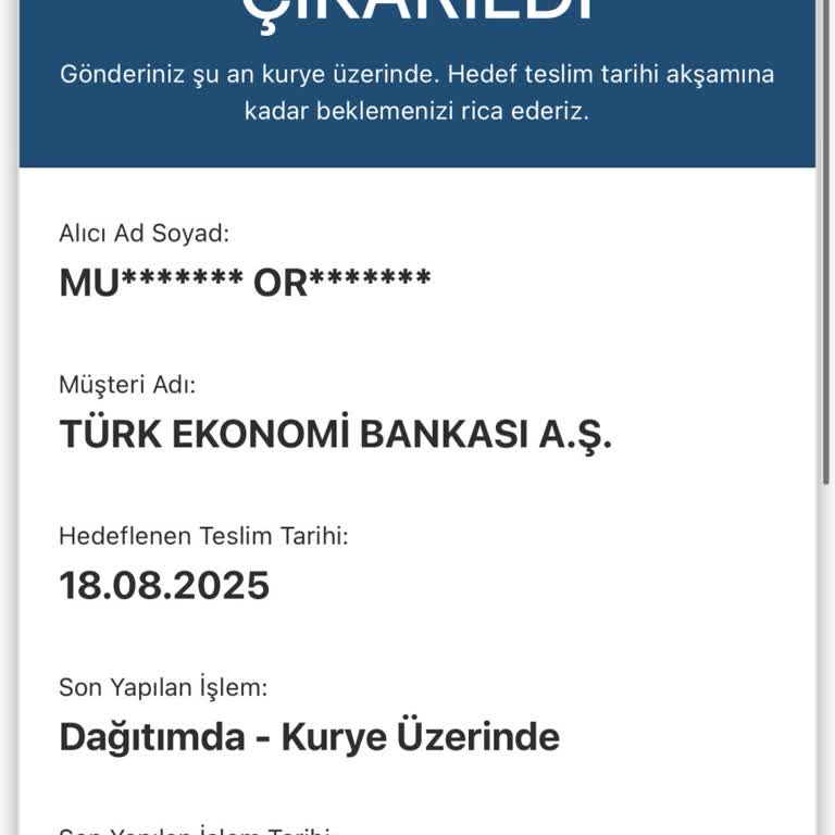 Banka Kartım Günlerdir Teslim Edilmedi Bilgi Alamıyorum