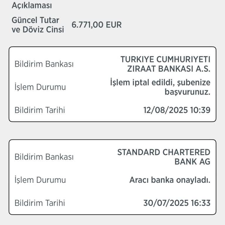 Ziraat Bankası'nda Yurt Dışı Transferim 12 Gün Sonra Nedensiz İptal Edildi