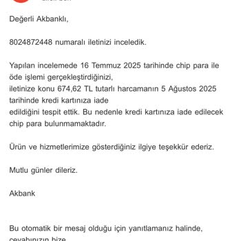İade Sonrası Chip Para Hesabıma Yüklenmedi Mağduriyetim Giderilmiyor