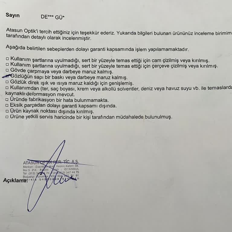 Rayban Gözlük Çerçevesi Kırıldı, Garanti Kapsamı Dışında Bırakıldı