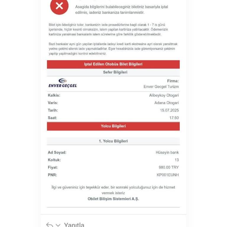 Bilet İptali Sonrası 1 Ayı Aşan İade Gecikmesi Ve Mağduriyet