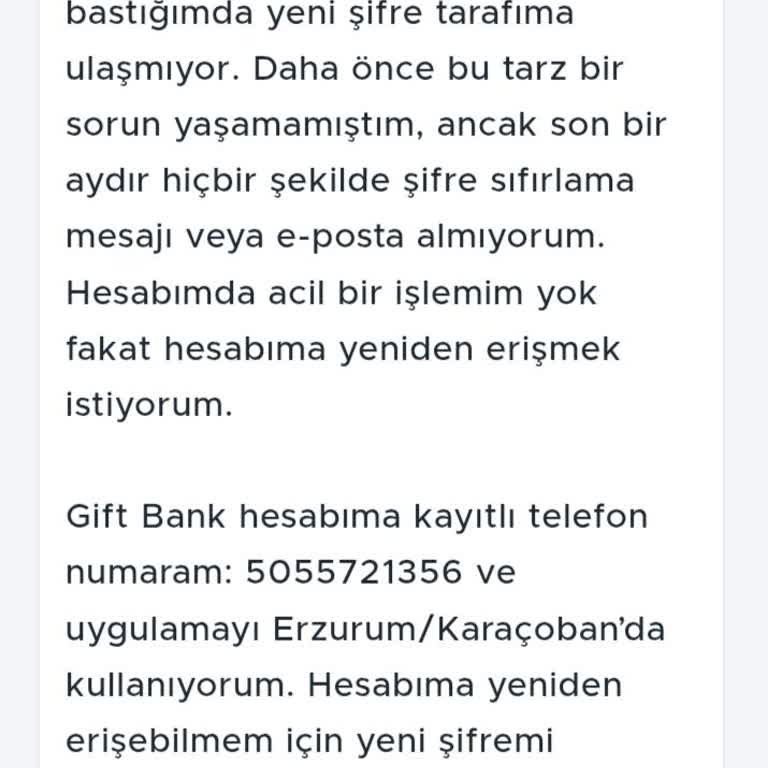 Gift Bank Uygulamasında Şifre Sıfırlama Mesajı Gelmiyor, Hesabıma Erişemiyorum