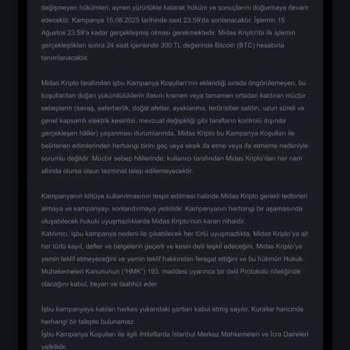 Midas Bitcoin Kampanyası Kapsamında Destek Sağlanmadı