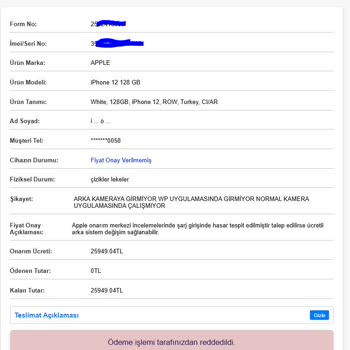 Garantiye Gönderilen İphone İçin Aşırı Yüksek Onarım Ücreti Talep Edildi