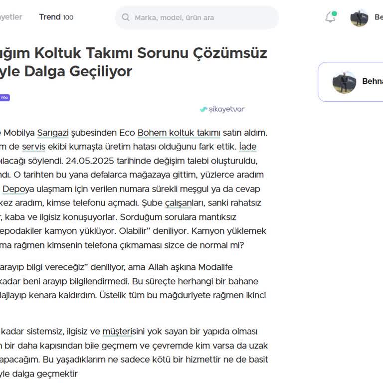 Modalife Koltuk Değişiminde İlgisizlik Ve Çözüm İçin Şikayete Zorlanma