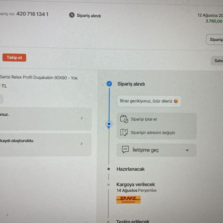 Sipariş Verilen Duşakabin Ürününün Kargoya Verilmemesi Ve Çözüm Sunulmaması