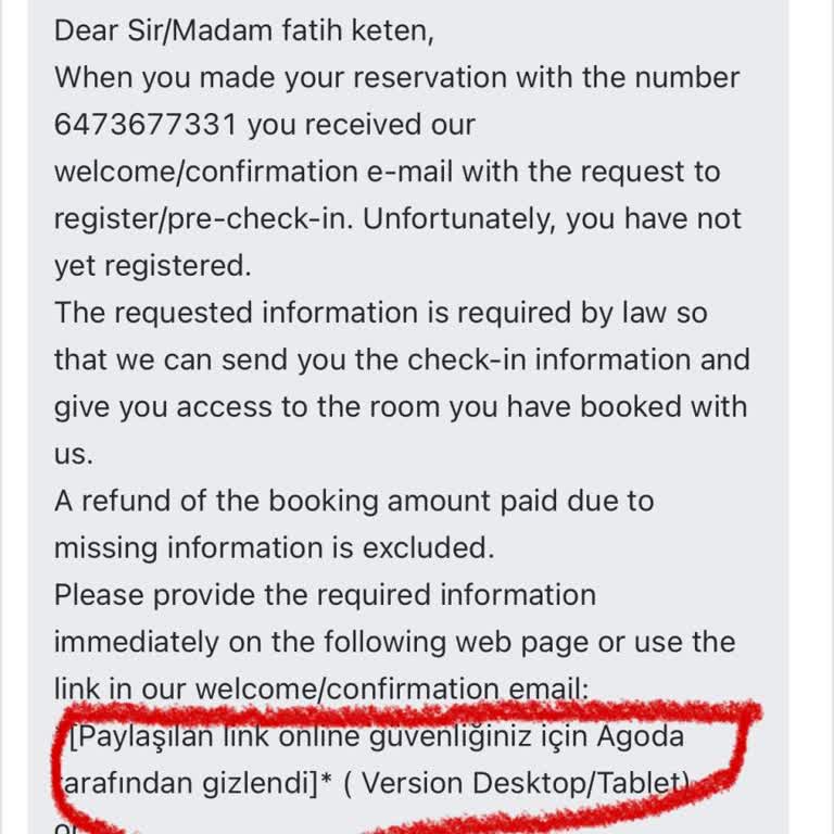 Agoda Mesajlarında Gizlenen Kayıt Linki Nedeniyle Online Check-in Yapılamıyor