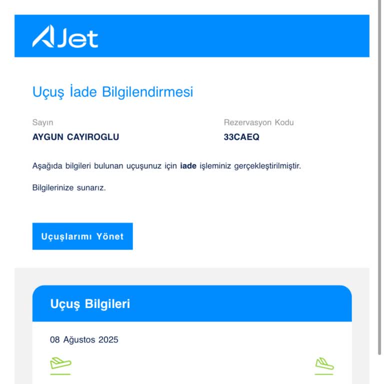 İptal Edilen Uçak Bileti Ücretimin İadesi Yapılmadı