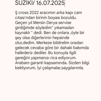 Suzuki S Cross Arka Kapı Camı Boya Sorunu Ve Garanti Mağduriyeti