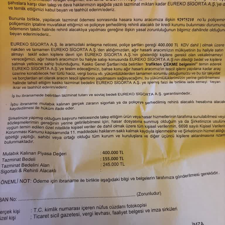 Hasar Ödemesinde Açıklamasız Eksik Tutar