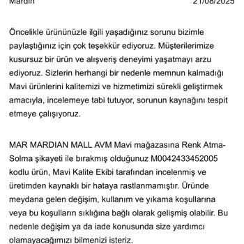 Mavi'den Aldığım Pantolonlarda Renk Solması Ve Taleplerimin Reddedilmesi