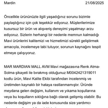 Mavi'den Aldığım Pantolonlarda Renk Solması Ve Taleplerimin Reddedilmesi