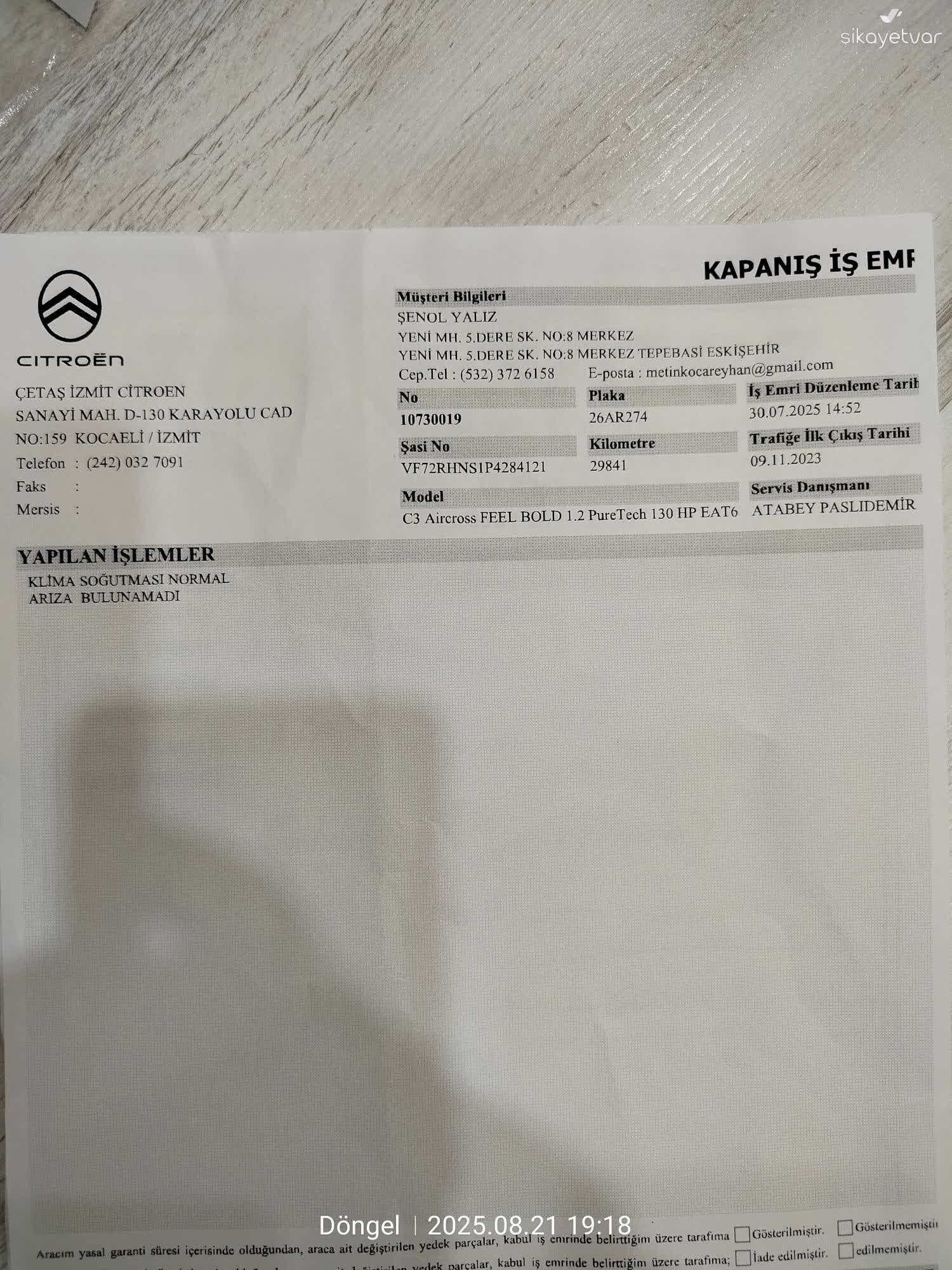 Citroen Yetkili Servisin Klima Arızasını Göz Ardı Etmesiyle