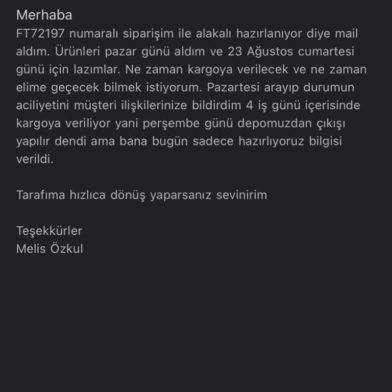 Sipariş Gecikmesi Ve Yetersiz Müşteri Hizmeti Nedeniyle Mağduriyet