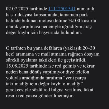 Ray Sigorta Değer Kaybı Tazminatımı Ödemiyor Ve Resmi Red Yazısı Göndermiyor