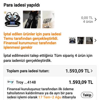 Sipariş İptaline Rağmen Para İadesi Yapılmadı, Müşteri Hizmetleri Yetersiz