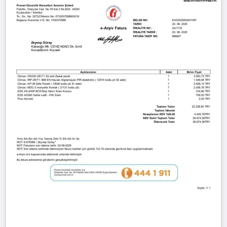 İptal Edilen Alarm Sistemi İçin Yüksek Ücret Çekilmesi Ve Hizmetin Alınmaması