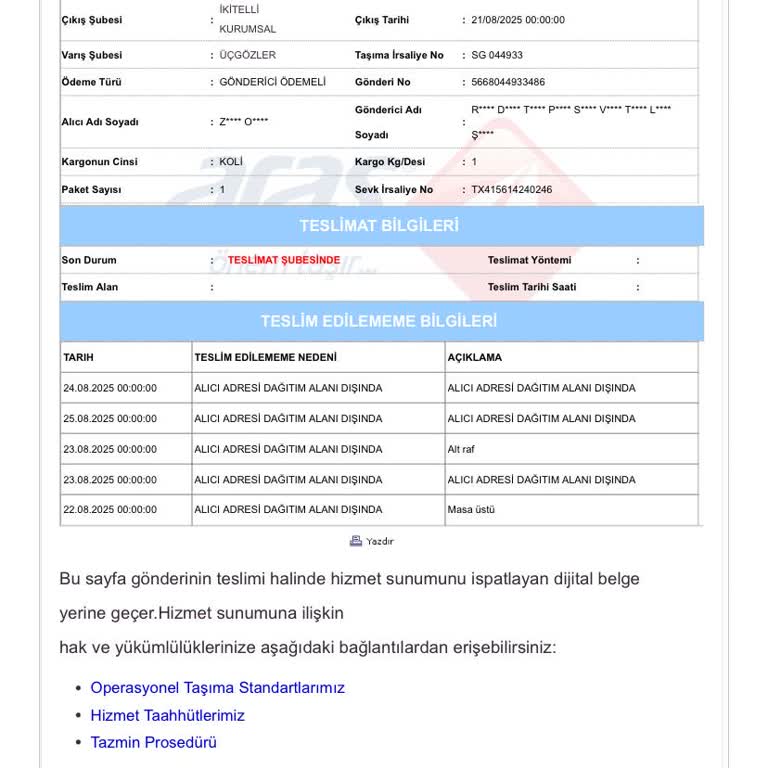Merkezdeki Adrese Kargo Teslim Edilmiyor, Bilgilendirme Yapılmadı
