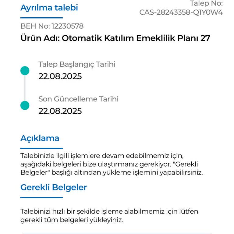 Anadolu Hayat Emeklilik Ayrılma Talep Formunun Gönderilmemesi ve Sürecin Uzaması