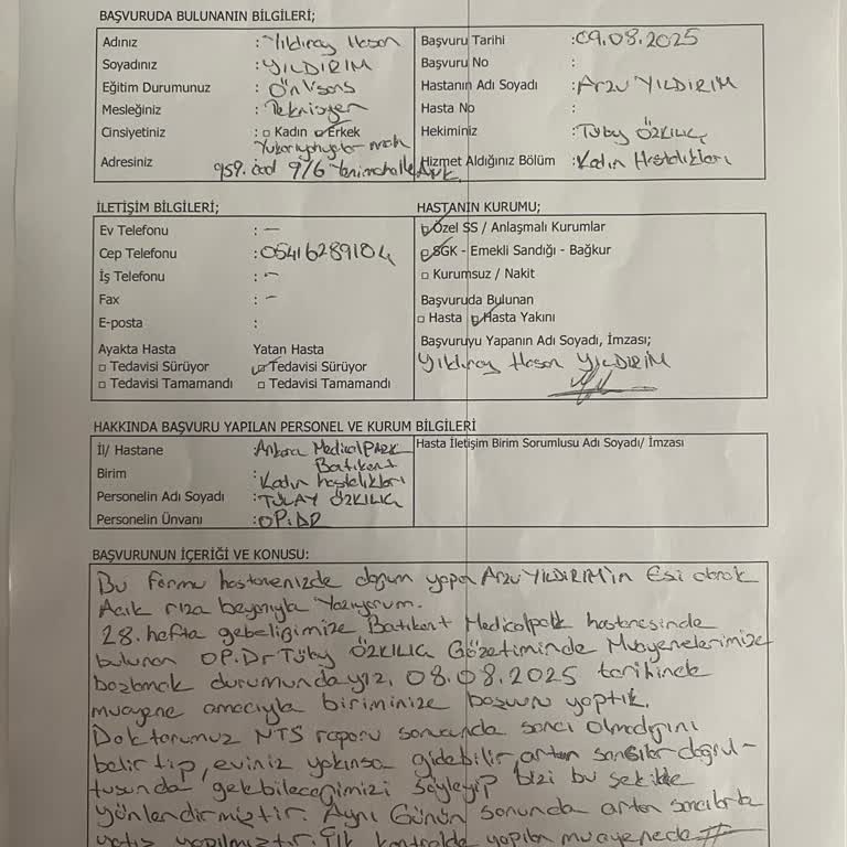 Doğum Sürecinde Yaşanan İhmal Ve Mağduriyet: Batıkent Medical Park Kadın Doğum Bölümü Şikayeti