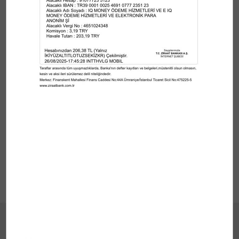Ziraat Bankası Mobil Uygulamada IBAN'a Yapılan Transfer Hesaba Geçmedi