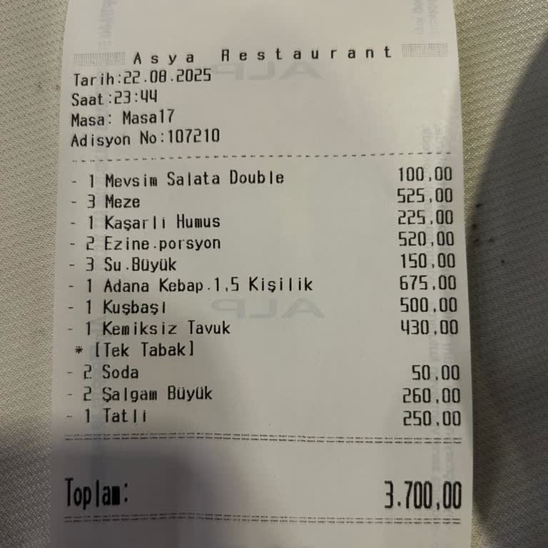 Asya Restaurant | Adana Menüde Belirtilmeyen Fahiş Fiyatlar Uygulandı!