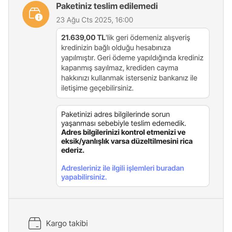 İş Adresine Teslim Edilmeyen Ürün İçin Ücret İadesi Yapılmıyor