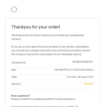 Norton Adına Gelen Sahte Fatura Maili Hakkında Güvenlik Endişesi