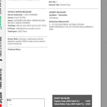 Arçelik Servis Kömür Değişimi İçin Yüksek İşçilik Ücreti Ve Eksik Fatura Detayı