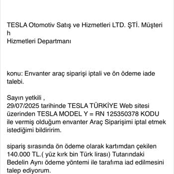 Tesla Araç Siparişi İptali Sonrası İade Yapılmıyor Ve Müşteri Hizmetlerine Ulaşılamıyor