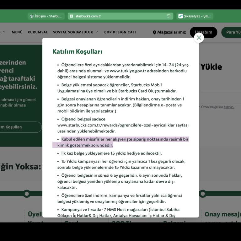 Starbucks Öğrenci Hesabında Kimlik Kartı İle İndirim Hakkım Reddedildi