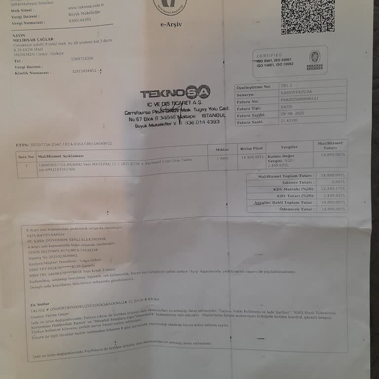 Huawei Matepad 11.5 Tablet Satın Alımında Garanti Belgesi Ve Kalem Hediyesi Eksikliği
