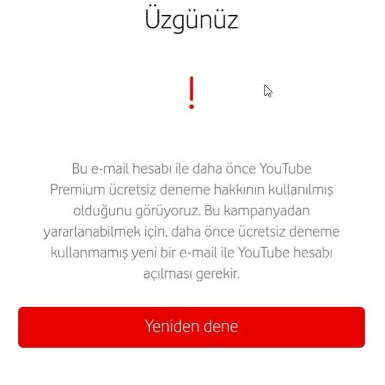 Vodafone Youtube Premium Kampanyası İçin Eposta Sorunu Çözülmüyor