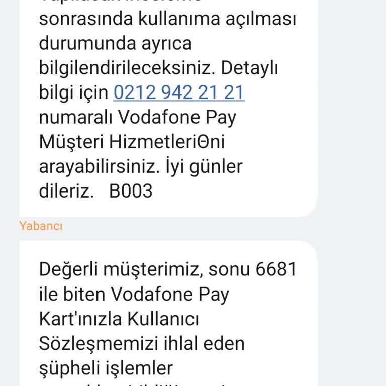 Vodafone Hattım Olmamasına Rağmen Şüpheli Kart Mesajı Aldım