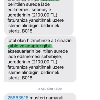 Cihaz Ve Kablo İade Bedelinde Bilgilendirme Farklılığı Nedeniyle Fazladan Ücret Alınması