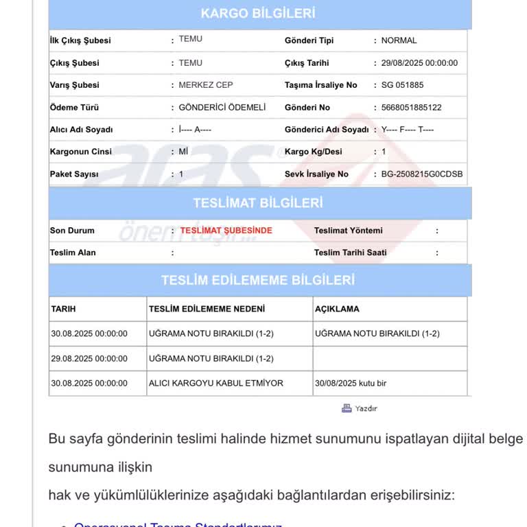 Aras Kargo Beykoz Şubesi'nde Tekrarlayan Teslimat Ve İletişim Sorunları