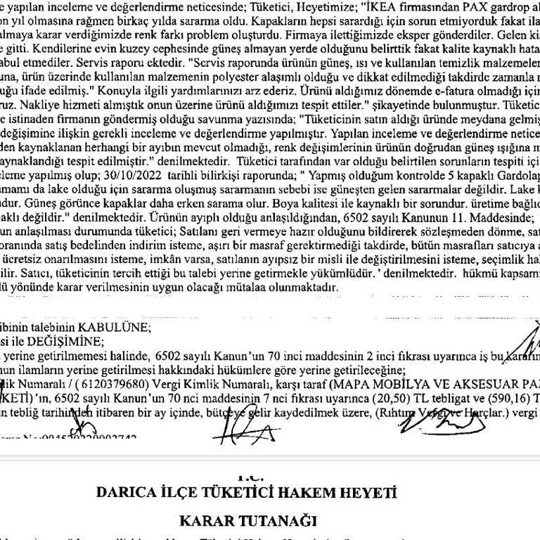 IKEA Pax Gardırop Kapaklarında Sararma Ve Hakem Heyeti Kararının Uygulanmaması