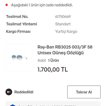 Sahte Olduğunu Düşündüğüm Ray Ban Gözlük İçin İade Talebim Reddedildi