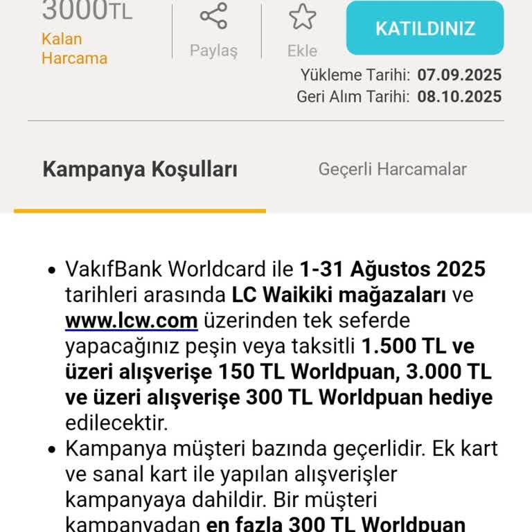 VakıfBank World Puan Kampanyasında Kazanılan Puanlar Yüklenmedi