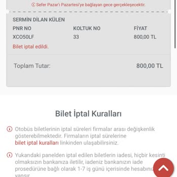Obilet Uygulamasındaki Teknik Sorun Nedeniyle Bilet İptalinde Mağduriyet Ve Yetersiz İade