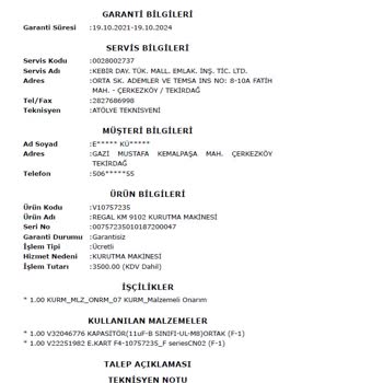 Kurutma Makinesinde Yangın Tehlikesi Ve Garanti Dışı Yüksek Tamir Ücreti