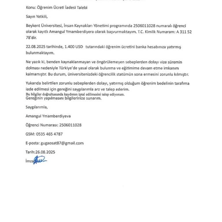 İstanbul Beykent Üniversitesi Vize Sorunu Nedeniyle Kayıt Silindi, Ücret İadesi Talebimiz Reddedildi