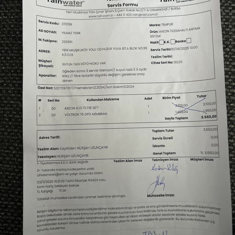 Garanti Kapsamında Filtre Değişimi Ve Kalitesiz Su Tadı Sorunu