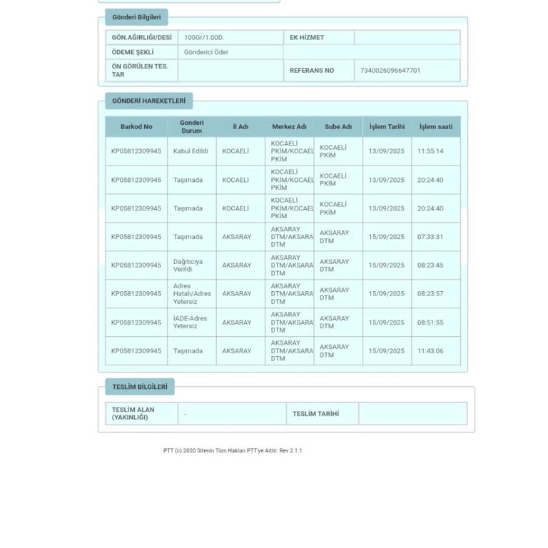 PTT Kargo Adres Yetersiz Gerekçesiyle Teslimat Yapılmadı Ve Bilgilendirme Olmadı