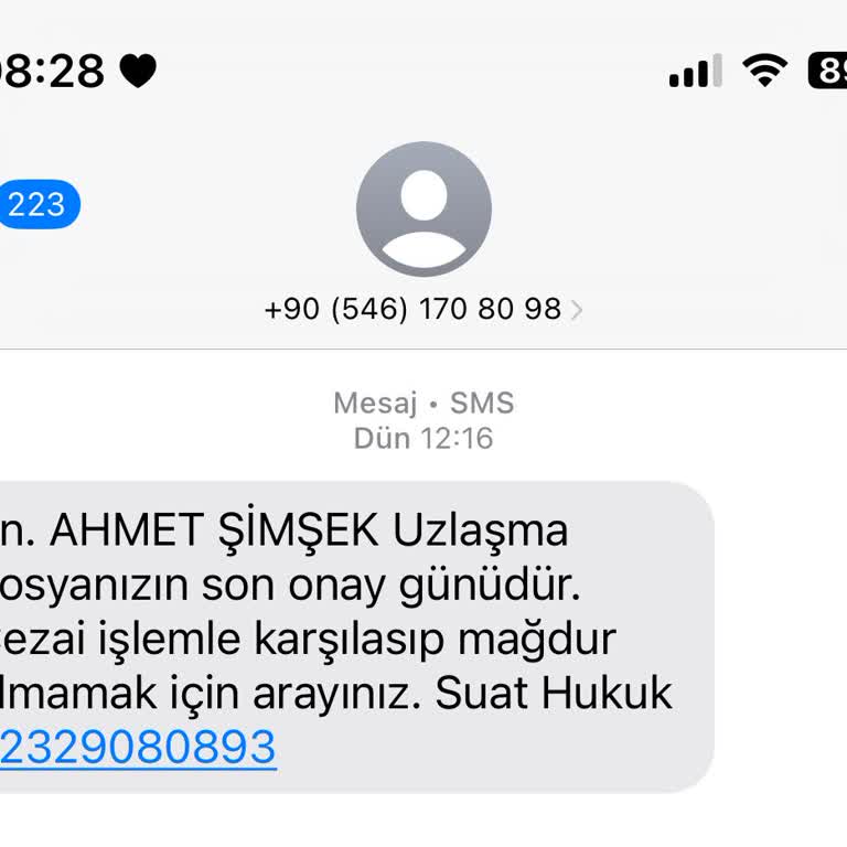 Bilinmeyen Numara Üzerinden Hukuk Bürosu Adıyla Gelen SMS Hakkında Şikayet